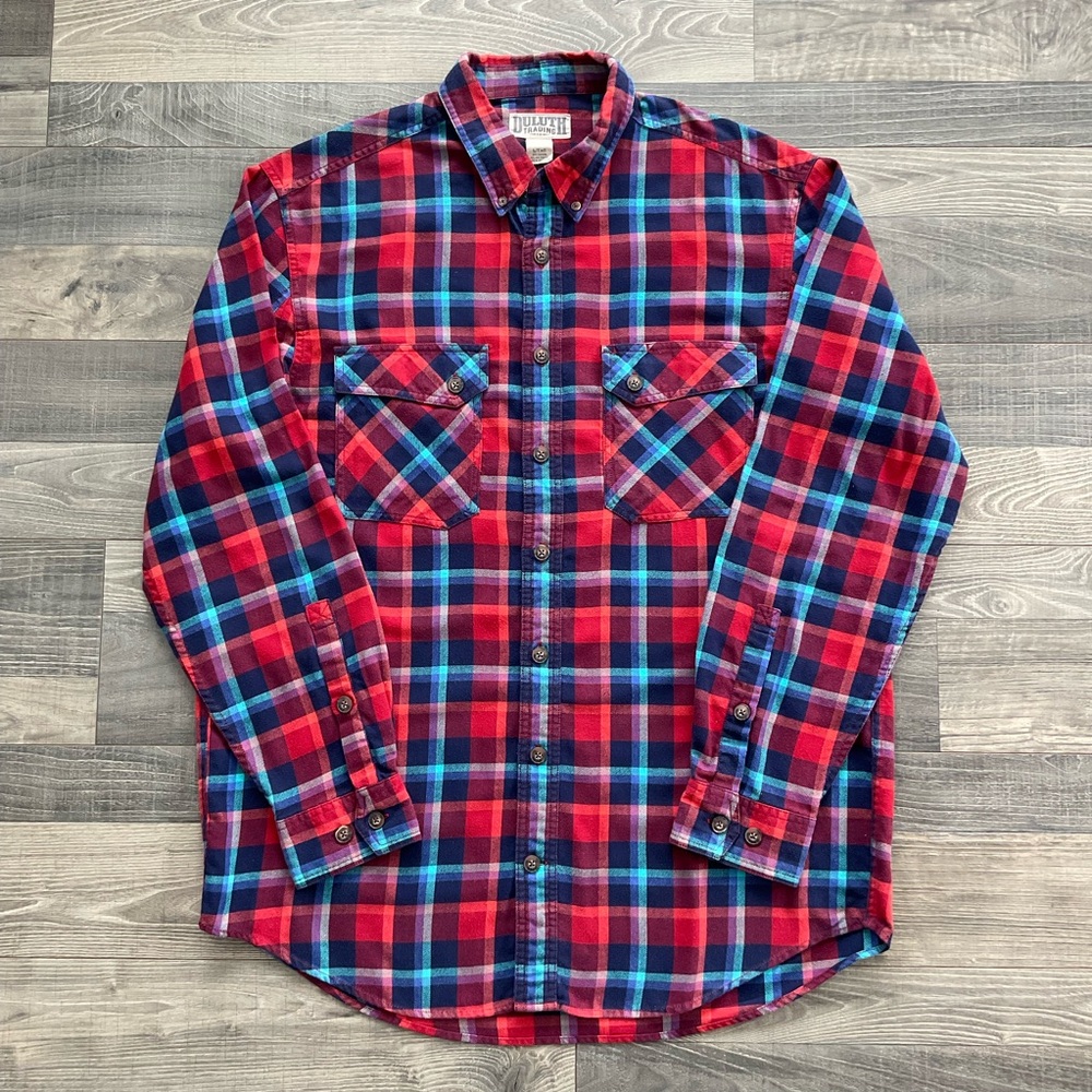 Duluth Trading Free Swingin Wicking Flannel Shirt Mens LARGE TALL Red Blue 31210